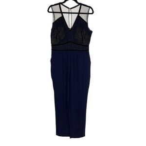 Harlyn Large L Navy Blue Black Lace Illusion Neck Jumpsuit Sleeveless Overlay